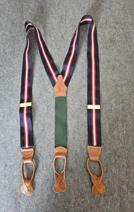 Vintage Polo Ralph Lauren marineblau/burgund/hellbraun gestreifte Hosenträger mit Messing und Leder - Bild 1 von 5
