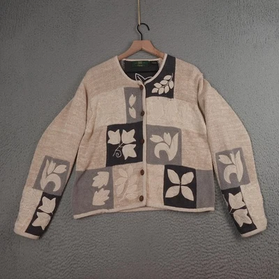 Suéter Orvis Mujer Grande Beige Gris Hoja Patchwork Tejido Cárdigan Abotonado Foto 1 de 4