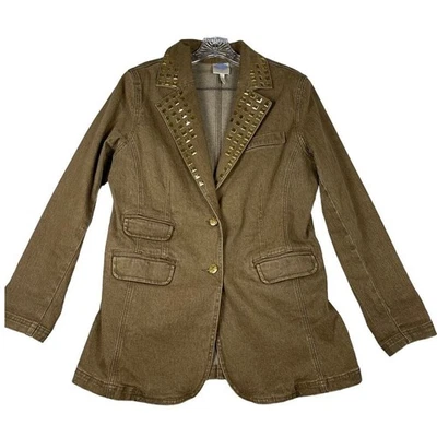 Diane Gilman Studded Blazer M Brown Denim Military Jacket Mob Wife Western Glam - Image 1 of 4