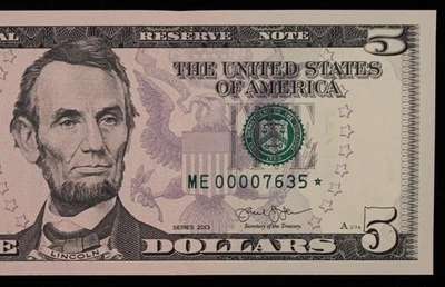 $5 2013 GEM CU Star Federal Reserve Note ME00007635* SINGLE RUN ISSUE 640K print - Image 1 of 3