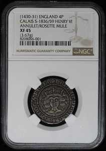 (1430-31) ENGLAND 4P Calais S-1836/59 Henry VI Annulet/Rosette Mule NGC XF45 - Picture 1 of 4