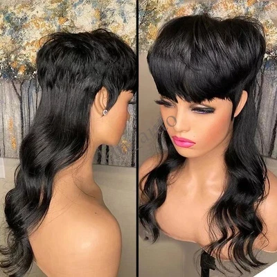 Women Machine Made Wigs With Bangs Mullet Wave Glueless Human Hair Wigs Natural - Image 1 of 4