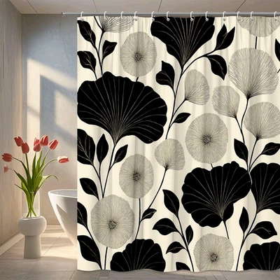 Elegante cortina de ducha floral negra para decoración de baño moderna Foto 1 de 4
