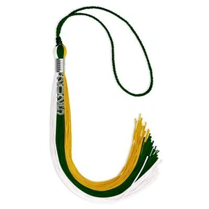 Endea Graduation Hunter Green/Gold/White Tassel with Silver Stacked Date Drop - Picture 1 of 9