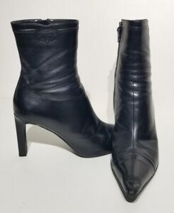 Chanel Black Calfskin Women's CC Logo Ankle Boots Size 39 (8-1/2) 8.5