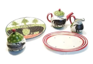 Droll Designs Set 5pc Rare Deer Pattern Winter Xmas Platter Teapot Creamer Sugar - Picture 1 of 12
