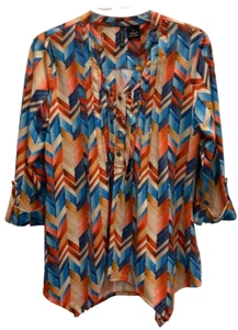 New Directions Pullover Blouse Size M Red Blue Bright Henley Roll Tab L/S 80 - Picture 1 of 9