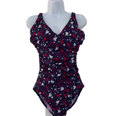 Traje de baño Talbots Miraclesuit 10 rojo blanco azul control firme anclajes con aros Foto 1 de 4