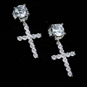 Mini Cluster Men's Hip Hop Silver Plated Stud Cross Dangle Drop Hoop Earrings - Picture 1 of 3