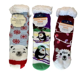 3- Compass Sherpa Lined CHRISTMAS Critter Non-Slip Slipper Socks One Size NWT - Picture 1 of 6