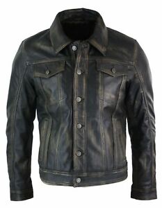 Mens Vintage Retro Jeans Jacket Style Real Leather Biker Shirt Coat