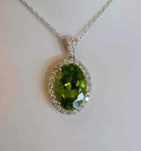 4Ct Oval Simulated Peridot Diamond Halo Pendant 14k White Gold Finish Free Chain - Picture 1 of 3