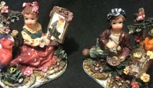 2 TINY Meerchi MRH Miniature Resin Figurines Boy & Girl Painting Birds & Flowers - Picture 1 of 7