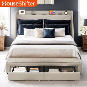 Queen Size Bed Frame Shelf Storage Upholstered Headboard 2 Outlet & USB Ports - Picture 1 of 12