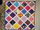 Lattice Baby Quilt, 34" X 34" In Blues, Pinks & Purples Handmade