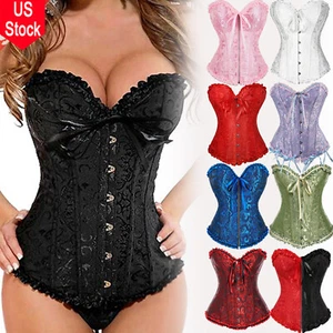 Womens Lace Up Floral Black Corset Bustier Waist Trainer Overbust Sexy Lingerie - Picture 1 of 40