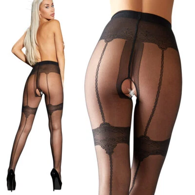 Seidige Straps-Strumpfhose Schritt offen mit Naht Strumpfband Dessous Vasila"S22 - Bild 1 von 4