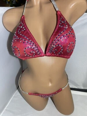 Hot Pink Competition Bikini IFBB posing suit Npc Rhinestone Practice Suit Posing - Image 1 of 4