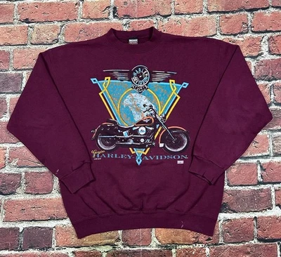 Vintage Harley Davidson Crewneck Sweatshirt Men’s L USA 90s Burgundy Motorcycle - Image 1 of 4