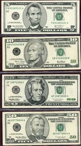 Vintage U.S. Currency Large Face, 2003A $5, 2001 $10, 1996 $20, 1996 $50,.  LOT - Picture 1 of 2
