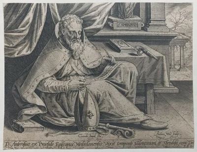 D. Ambrosius Episcopus - Anton Wierix n. Ingelrams Kupferstich Kirchenvater 1586 - Bild 1 von 4