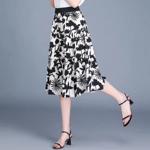 Lady Floral A-Line Midi Skirt High Elastic Waist Pleated Dress Casual Thin Skirt - Picture 1 of 9