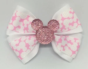 Girls Hair Bow 4" Wide Minnie Mouse White and Pink Barrette, Clip or Ponytail - Photo 1/4