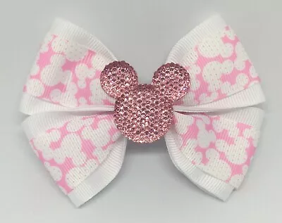 Moño de pelo para niñas de 4" de ancho Minnie Mouse blanco y rosa pasador, clip o cola de caballo Foto 1 de 4