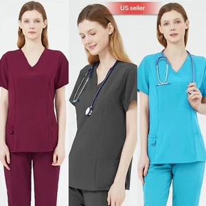 Steven & Mom Women Cool Stretchy Medical Scrub Nurse Uniform Y neck Top/Jogger - Picture 1 of 38