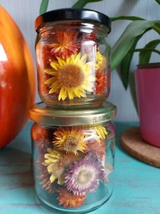 Gläser mit getrockneten Strohblumen Trockenblumen Herbst Deko Gold Schwarz - Bild 1 von 3
