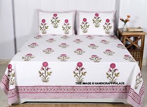 Indian Hand Block Pink Flower Print Bed Sheet Bedspread Queen Cotton Bedding Set