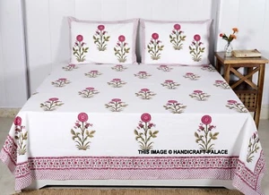 Indian Hand Block Pink Flower Print Bed Sheet Bedspread Queen Cotton Bedding Set - Picture 1 of 3