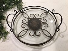 Large Handled Round Footed Wrought Iron Medallion Tray with Glass Insert