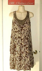 VINTAGE NOTATIONS Dress Rayon Summer Boho Cover Up Brown Ecru Floral Sz S *VG+ - Picture 1 of 6
