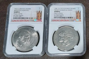 2 NGC Rare SAMPLE Slab Lot GREAT BRITAIN 1965 Churchill,1981 Charles+Diana Crown - Bild 1 von 2