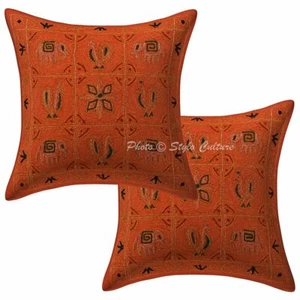Indian Decorative Sofa Cushion Covers 40 x 40 cm Ari Embroidered Cotton Set Of 2 - Picture 1 of 3