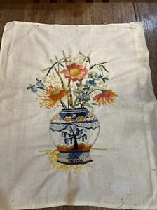 Vintage Flowers In Vase Crewel Wool Art Needle Craft 1970s BEAUTIFUL 25.5x21” - Picture 1 of 11