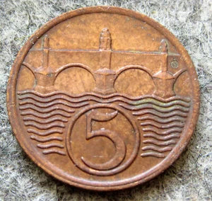 CZECHOSLOVAKIA 1938 5 HALERU, CHARLES BRIDGE IN PRAGUE Bronze AUNC km# 6 - Picture 1 of 6