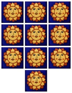 Set of 10 Handmade Mexican Talavera Ceramic Tiles 2x2" Folk Art Sun # 2-12 - Picture 1 of 2