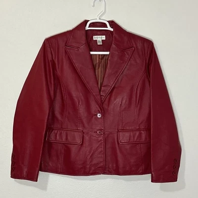 Worthington Genuine Leather Collared Two Button Blazer Jacket Red Womens XL - Image 1 of 4