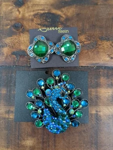 Broche de pavo real y pendientes de clip a juego, azul y verde - Imagen 1 de 5