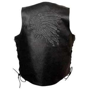 Chaleco de motocicleta para hombre Chaleco cabeza nativa en relieve de cuero negro ELM3900 - Imagen 1 de 3