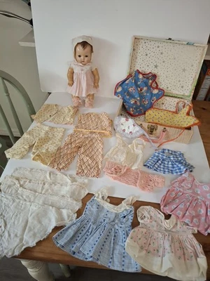 1950s American Character 13.5" Tiny Tears Molded Hair Baby W/ Suitcase & Clothes - Image 1 of 4