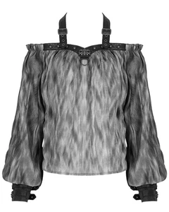 Devil Fashion Womens Victorian Steampunk Off Shoulder Halter Top - Grey & Black - Picture 1 of 12