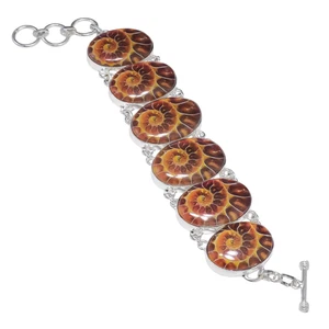 Brown Ammonite Gemstone Handmade 925 Sterling Silver Jewelry Chain Bracelet ADJ - Picture 1 of 4