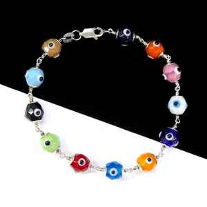 COLORFUL STERLING SILVER 925 EVIL EYE ART GLASS BEAD LINK BRACELET MULTI-COLOR - Picture 1 of 4