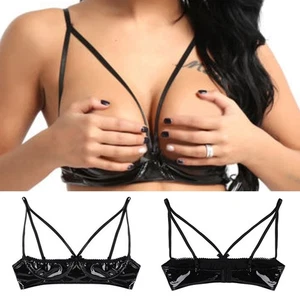 Womens Exposed Shelf Bra Lingerie PVC Leather Open Cup Cupless Clubwear Bralette - Picture 1 of 30