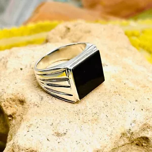 Natural Ónice Negro 925 Plata de Ley Hombres Anillo - Imagen 1 de 10