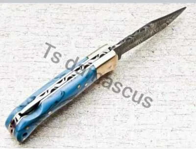 HAND MADE DAMASCUS STEEL FOLDING KNIFE WITH RESIN HANDLE & LEATHER SHEATH - Image 1 of 3