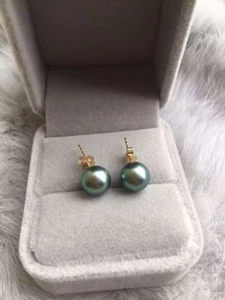 New 8-9mm AAA black green round natural tahitian pearl earrings 14k gold - Picture 1 of 4
